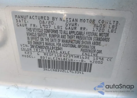 2020 Nissan Versa S Xtronic Cvt from USA, damaged, VIN 3N1CN8DV2LL913341